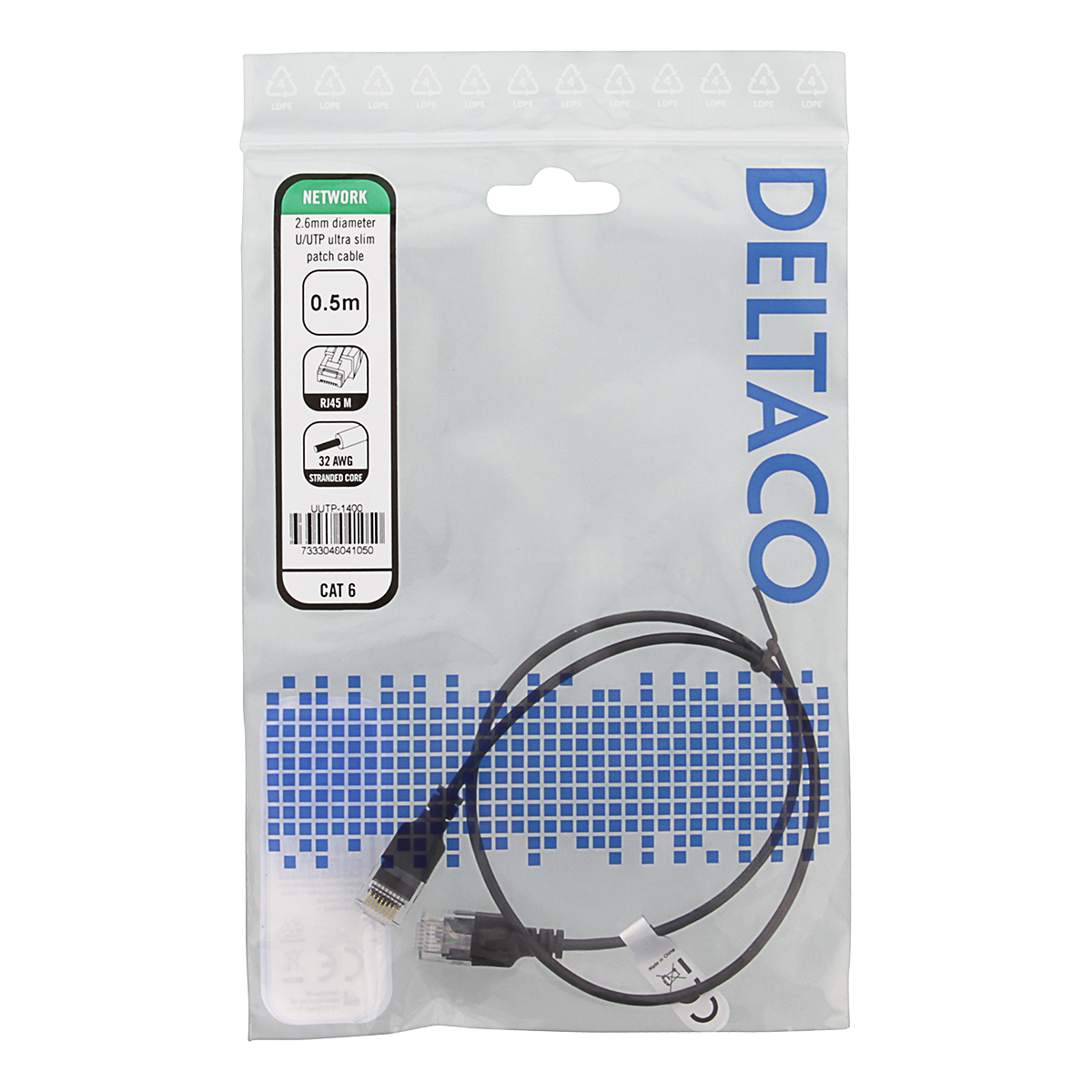 Deltaco Ultra Slim U/UTP Cat.6 patchkabel, 2.6mm, 0,5m, svart