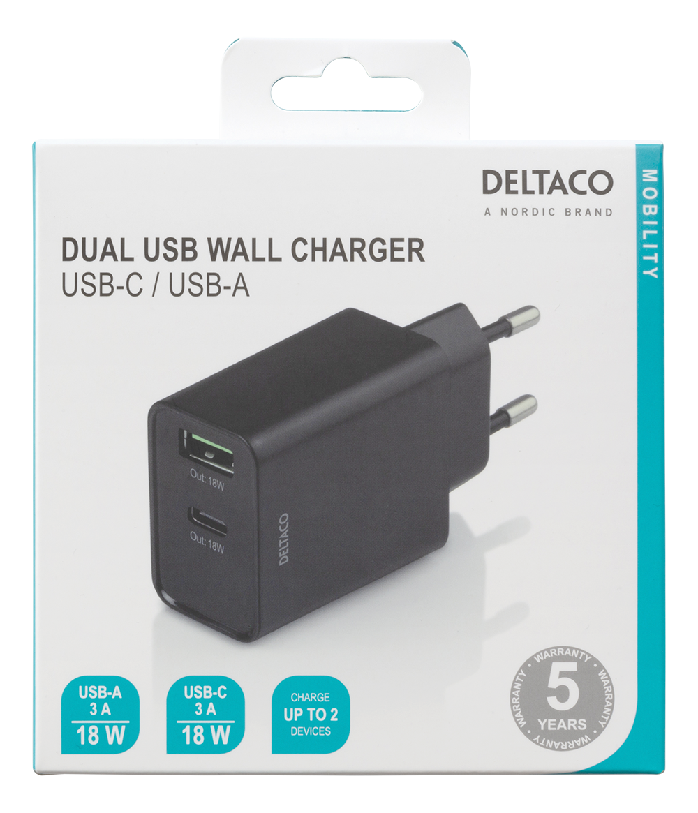 Deltaco Väggladdare med USB-C och USB-A, PD, 18W, svart
