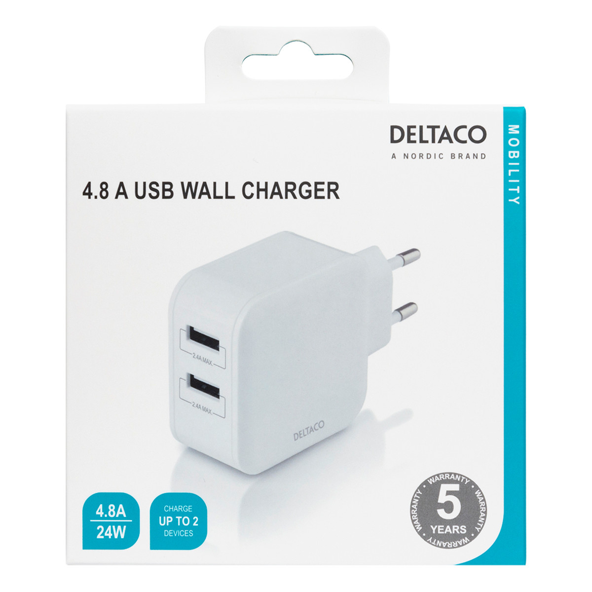 Deltaco Väggladdare med dubbla USB-A portar, 4.8A, 24W, vit