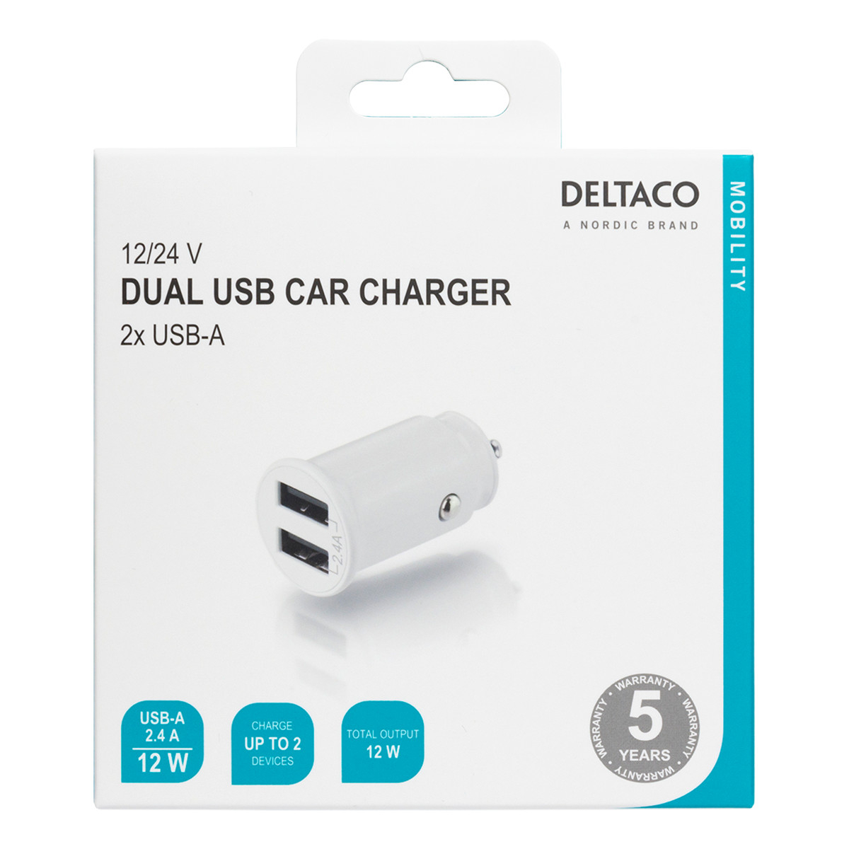 Deltaco billaddare med dubbla USB-A uttag, 12-24V, 12W, vit