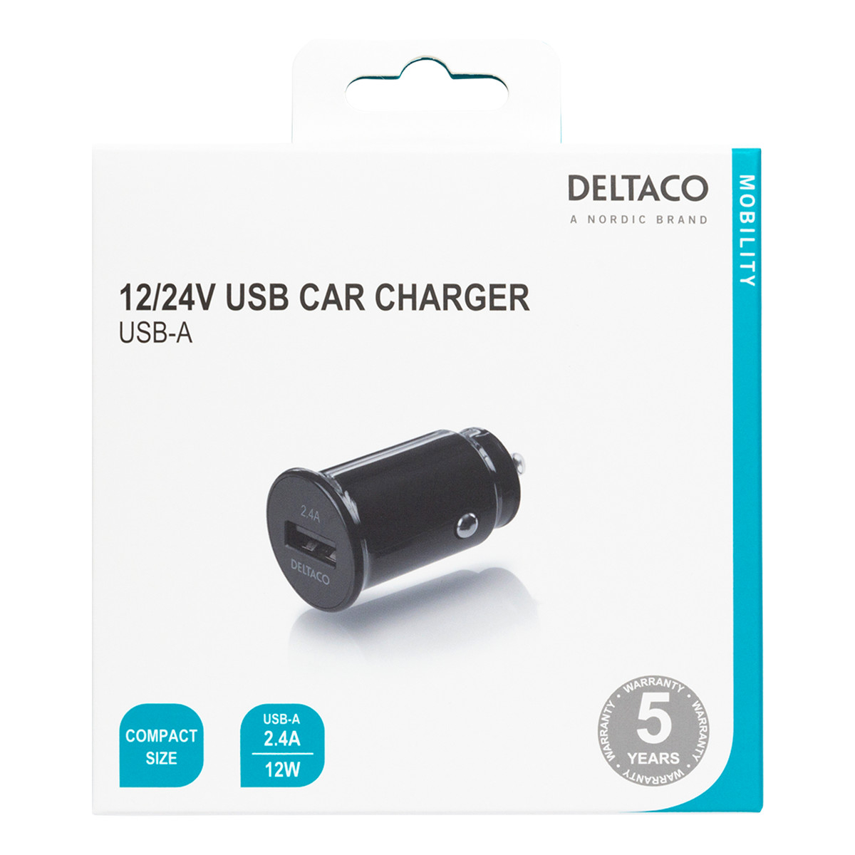 Deltaco billaddare med kompakt storlek och 1 USB-A port, 12-24V