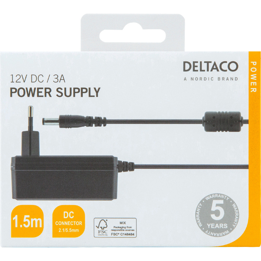 Deltaco nätadapter, 100-240V till 12V/3A, svart