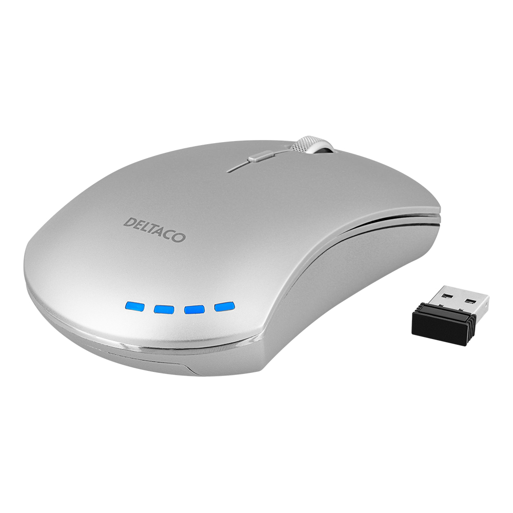 Deltaco trådlös tyst mus med inbyggt batteri, 1600DPI, grå