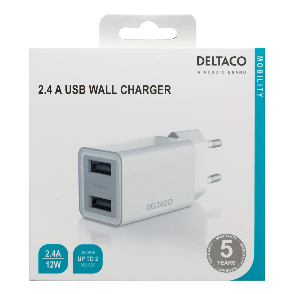 Deltaco väggladdare, 2xUSB-A, 2.4 A, 12W, vit