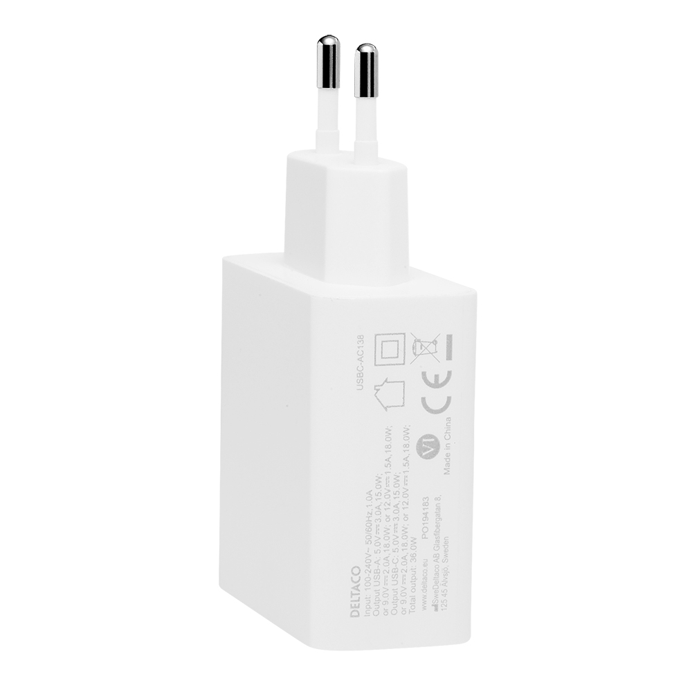 Deltaco väggladdare, USB-A+USB-C, PD, 36W, vit