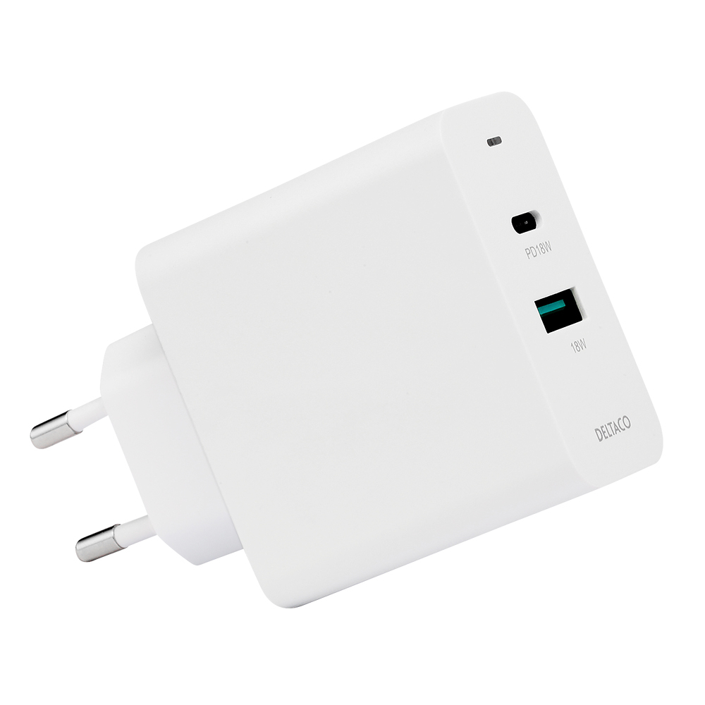 Deltaco väggladdare, USB-A+USB-C, PD, 36W, vit