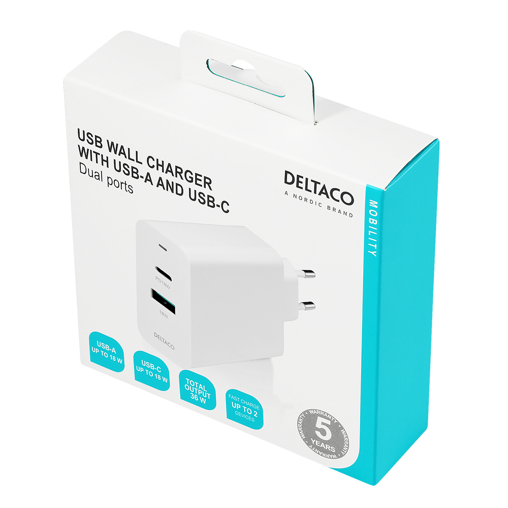 Deltaco väggladdare, USB-A+USB-C, PD, 36W, vit