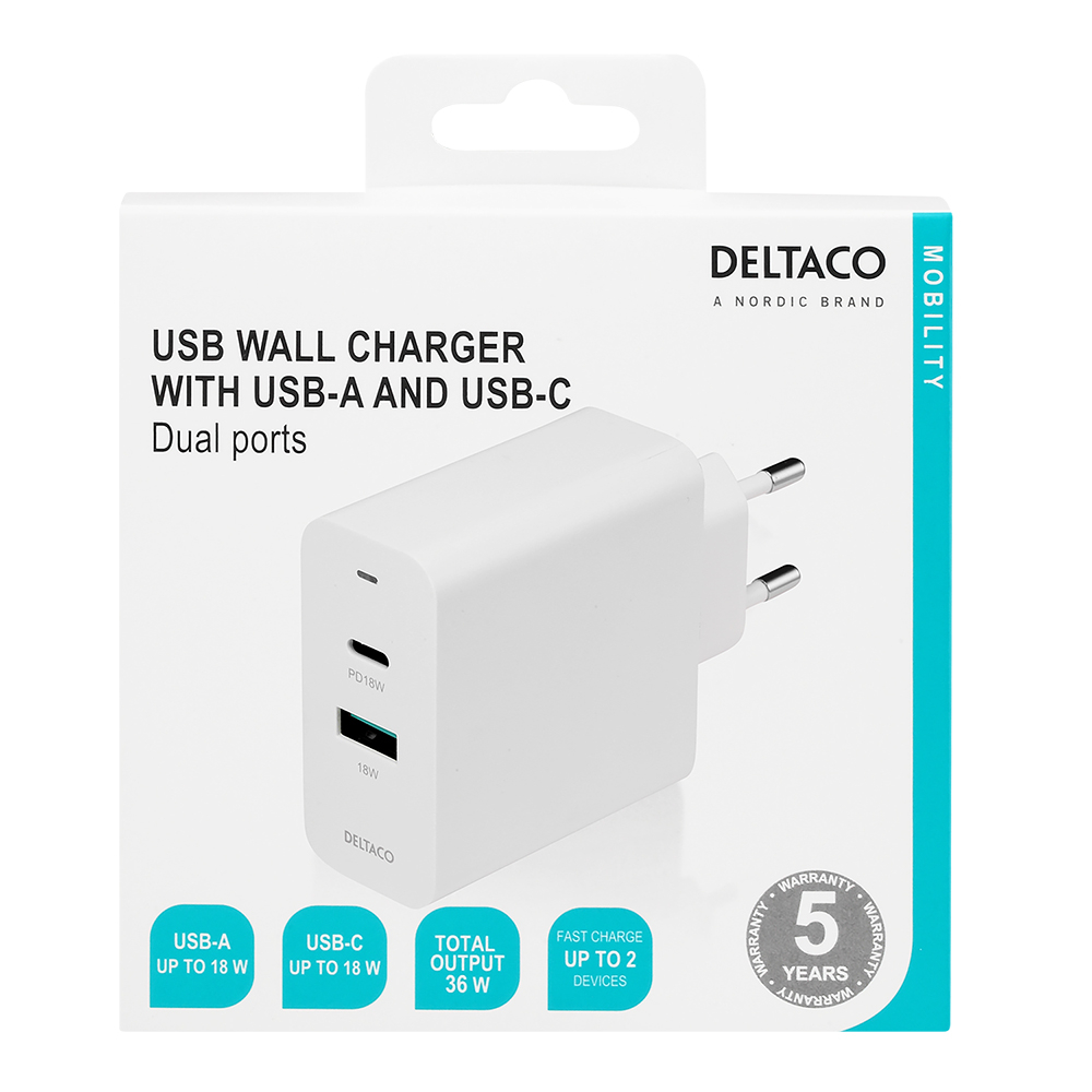 Deltaco väggladdare, USB-A+USB-C, PD, 36W, vit