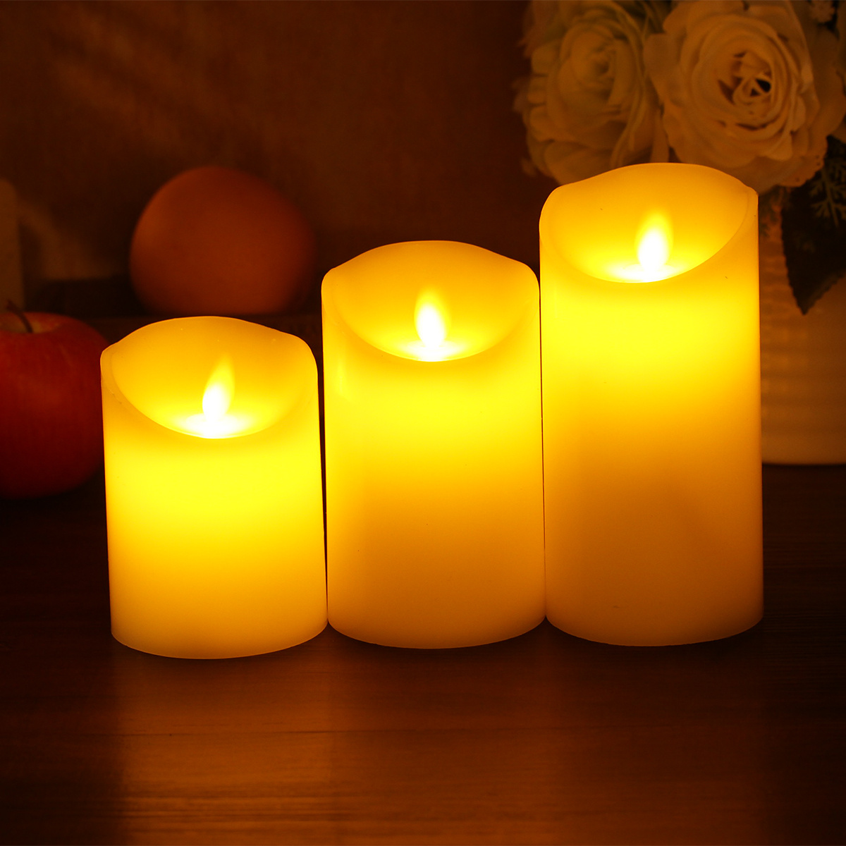 Mysig LED belysning med dansande flamma, 3-pack + fjärrkontroll