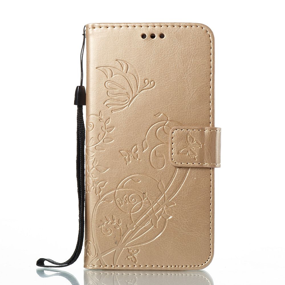 Embossment läderfodral med vristband och stöd, iPhone X/XS, guld