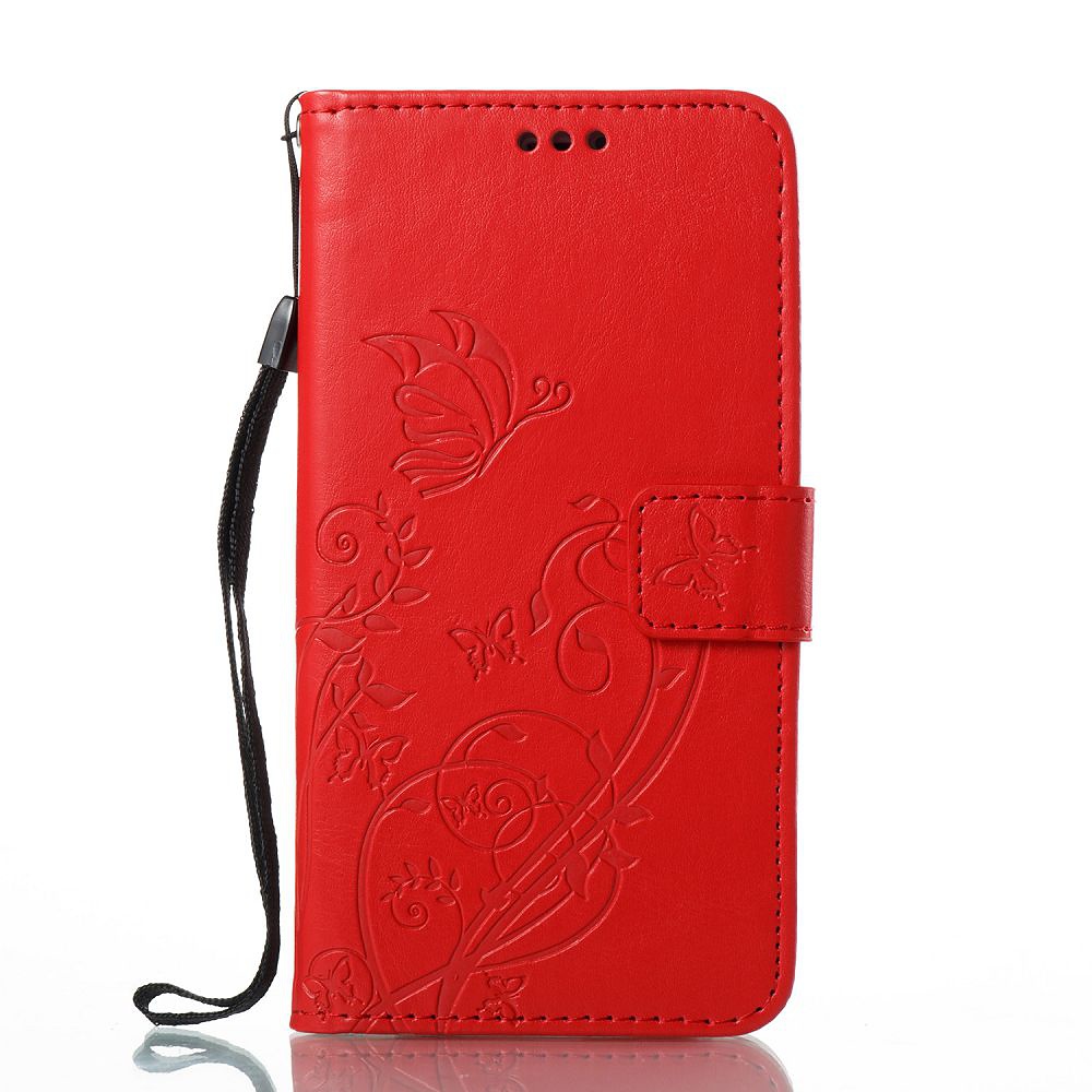 Embossment läderfodral med vristband och stöd, iPhone X/XS, röd