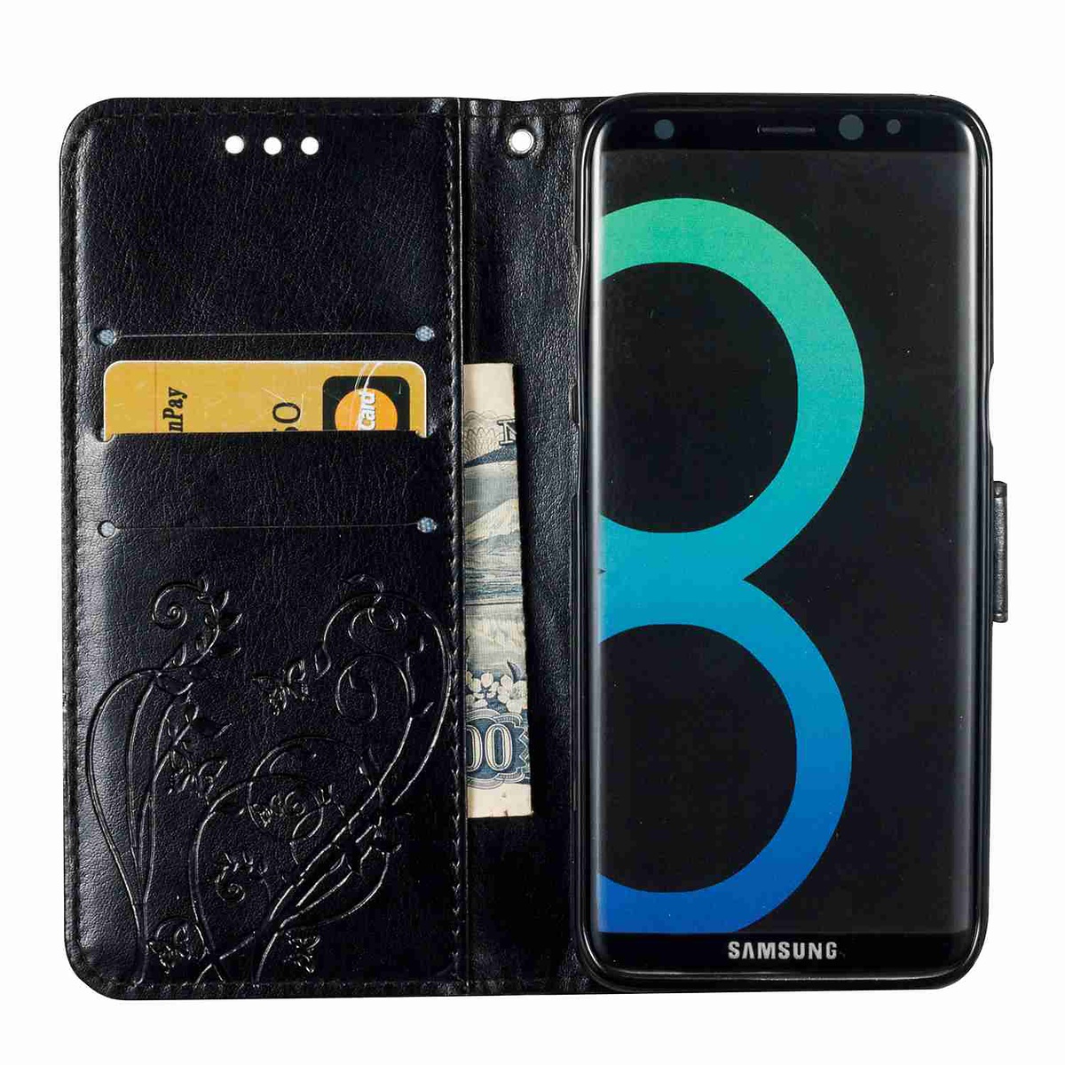Läderfodral med vristband och stöd, Samsung Galaxy S8, svart