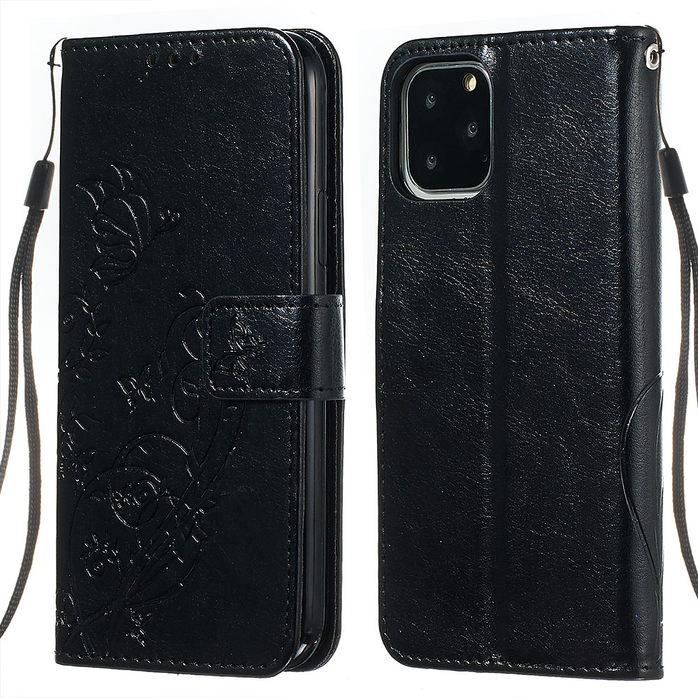 Embossment läderfodral med vristband/stöd, iPhone 11 Pro, svart
