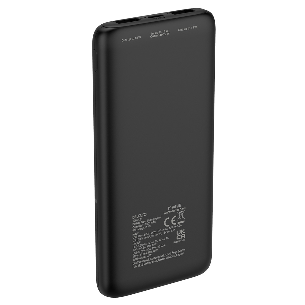 2xUSB+USB-C powerbank, 10 000mAh, 20W, svart