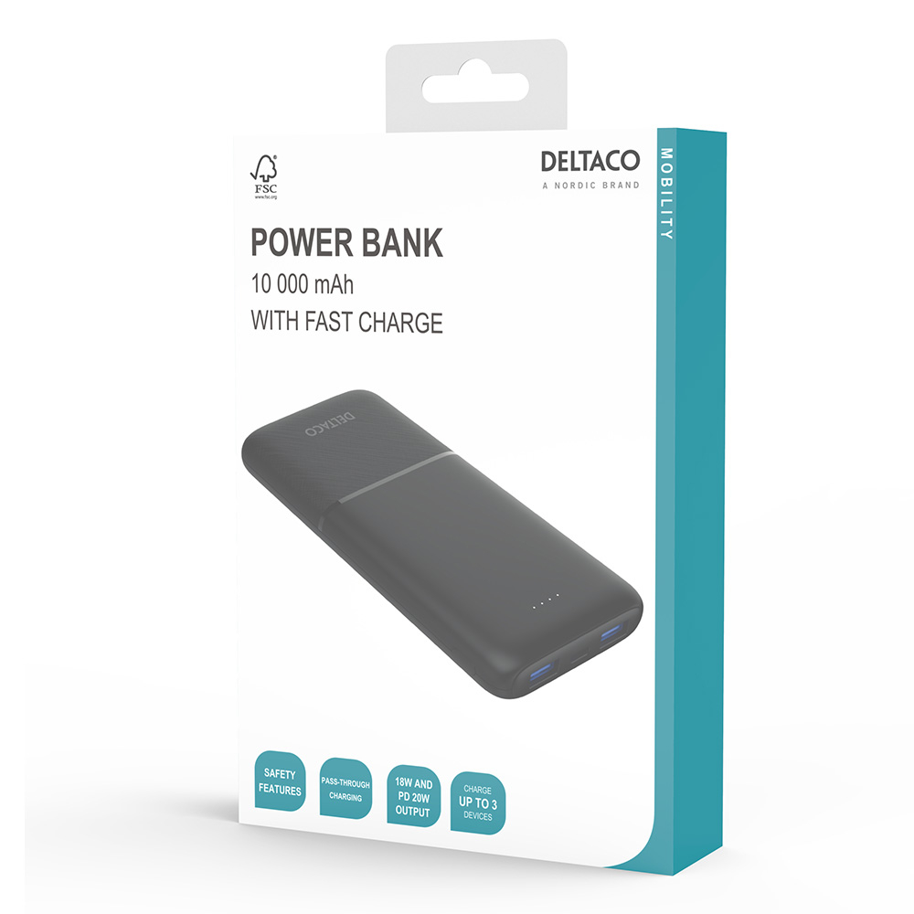 2xUSB+USB-C powerbank, 10 000mAh, 20W, svart