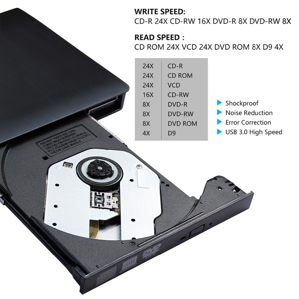 Extern USB 3.0 DVD RW CD-brännare med spelare, 2MB, svart