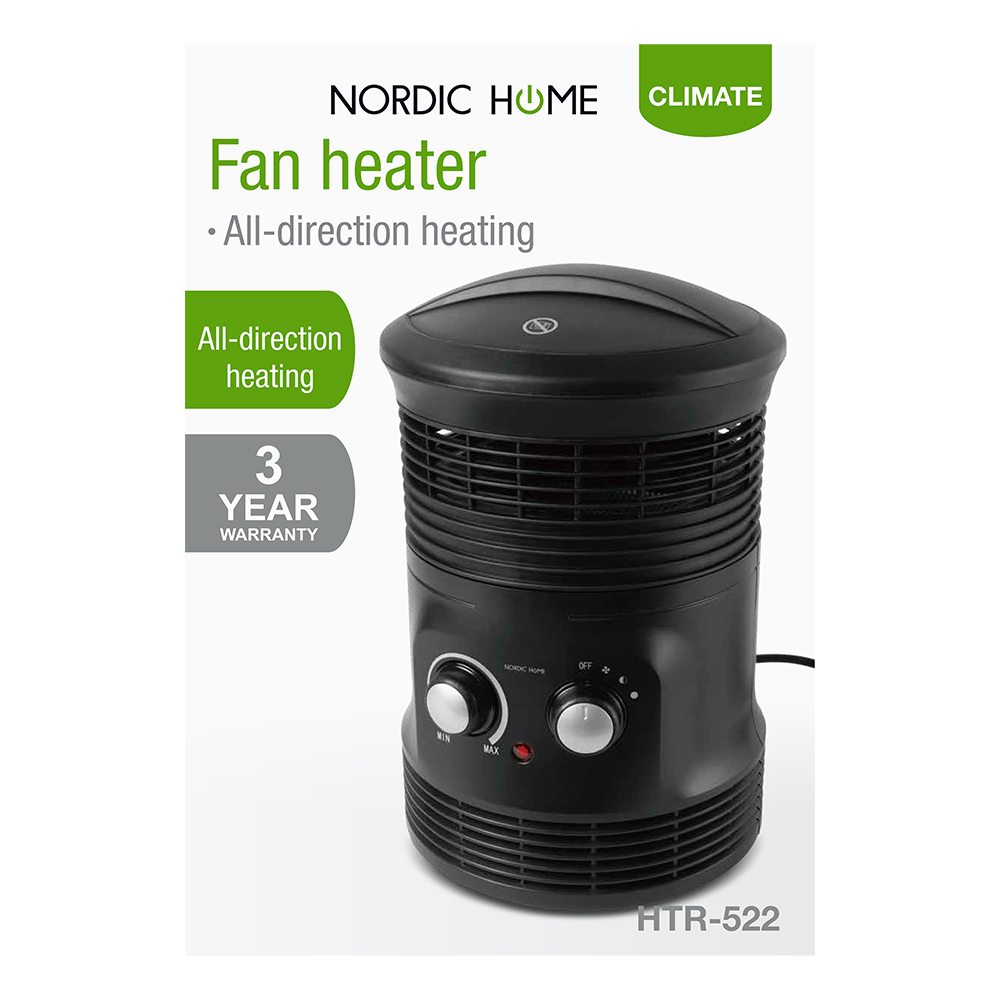 Nordic Home värmefläkt, 2 värmenivåer, 360°, 2000W, svart