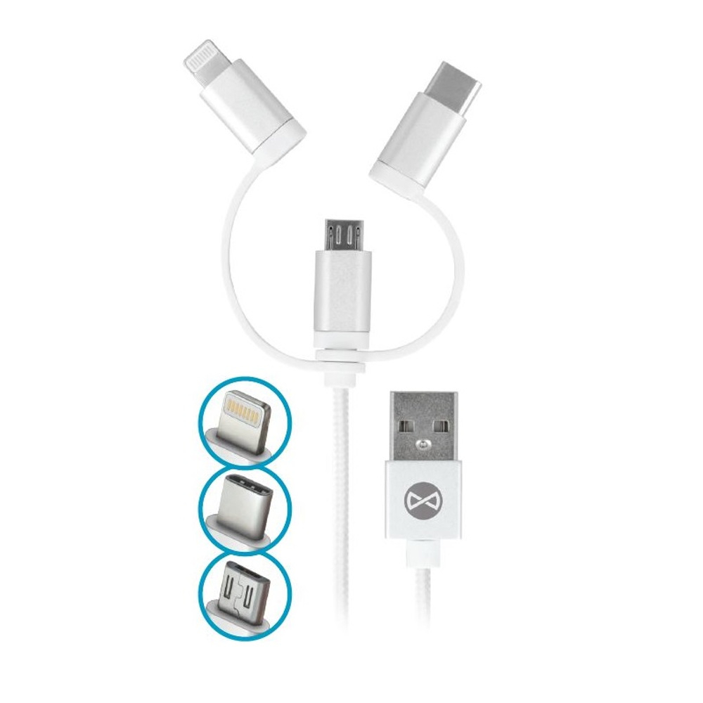 Forever 3-i-1 kabel, microUSB+Lightning+USB-C, 1m, vit