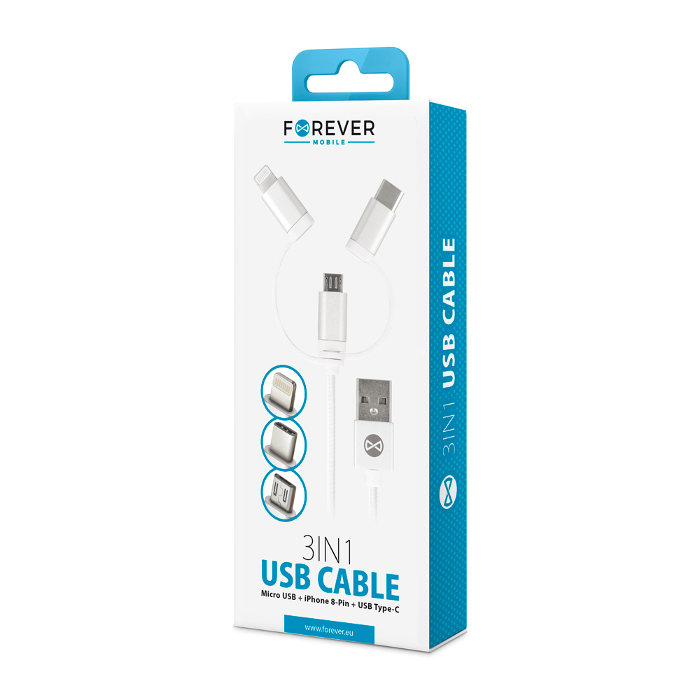 Forever 3-i-1 kabel, microUSB+Lightning+USB-C, 1m, vit
