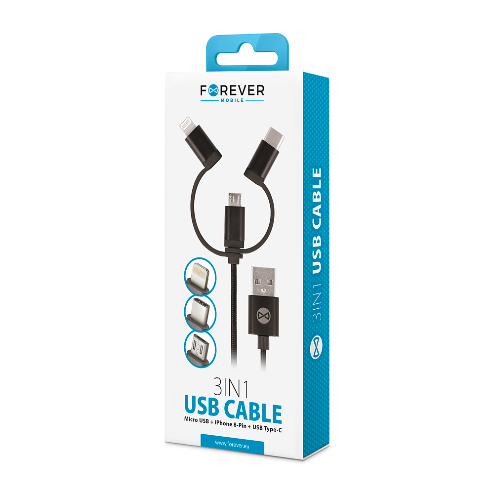 Forever 3-i-1 kabel, microUSB, Lightning, USB-C, 1m, svart