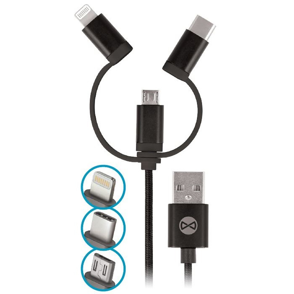Forever 3-i-1 kabel, microUSB, Lightning, USB-C, 1m, svart
