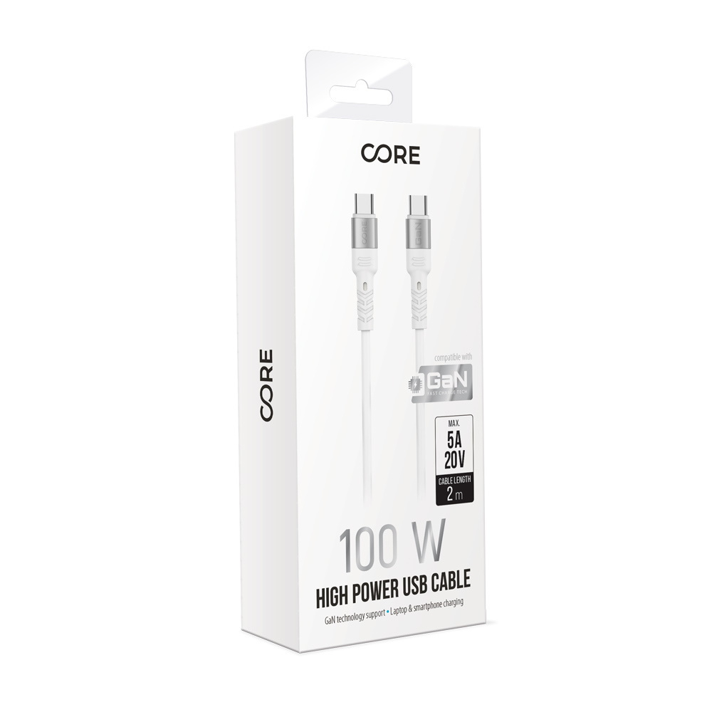 Forever Core High Power USB-C - USB-C kabel, GaN, 100W, 2m, vit