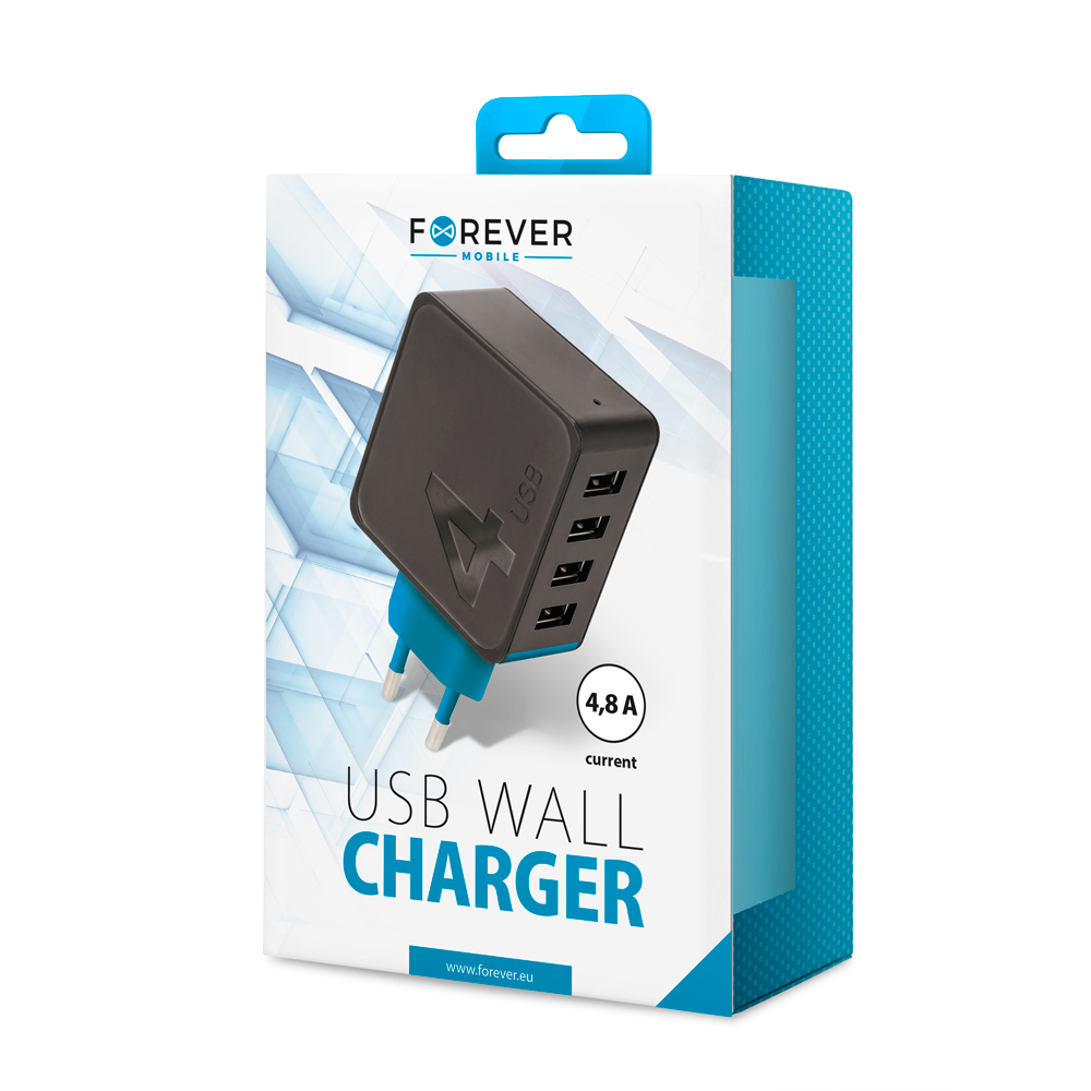 Forever TC-04 väggladdare med 4xUSB, 4.8A, svart