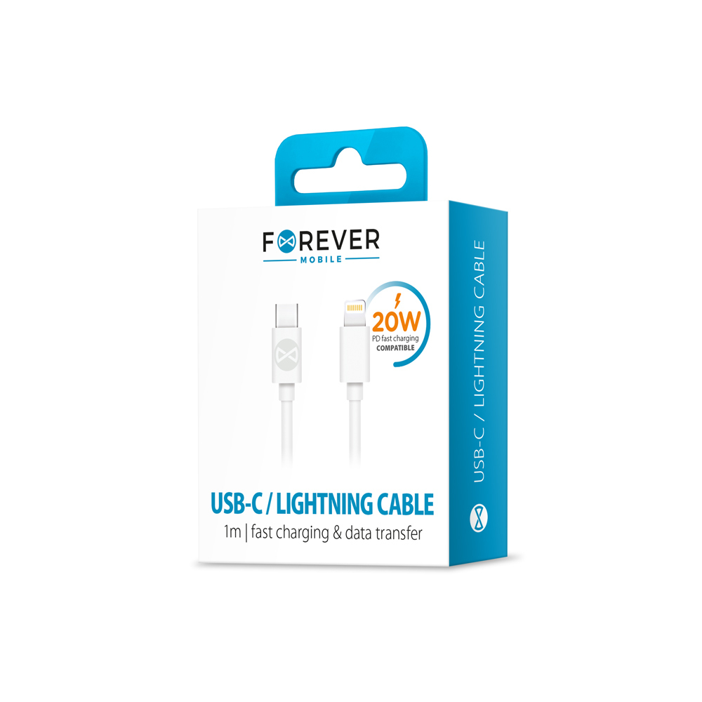 Forever USB-C till Lightning kabel, 3A, 1m, vit