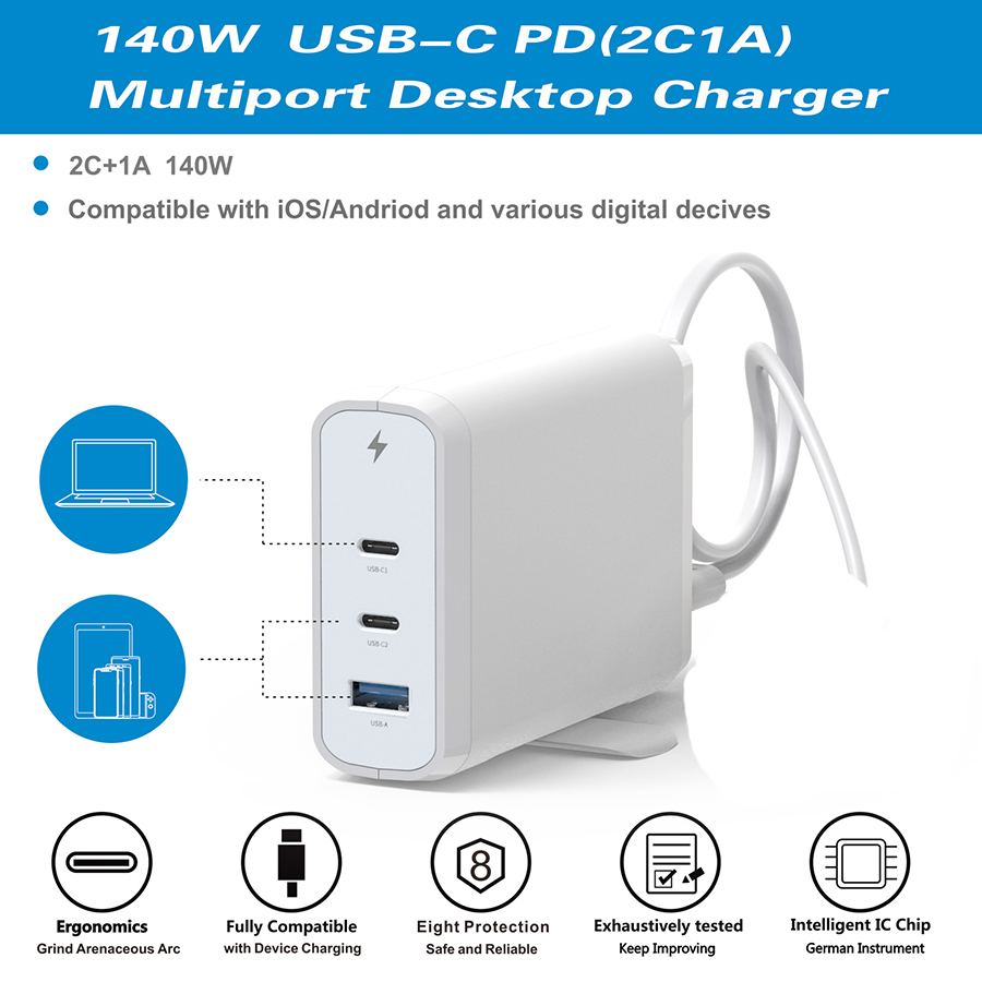 2xUSB C+USB GaN laddningsstation, PD, QC3.0, 140W