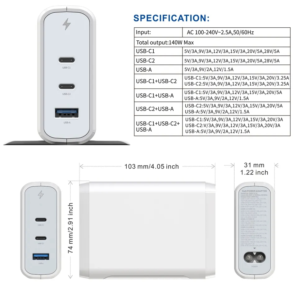 2xUSB C+USB GaN laddningsstation, PD, QC3.0, 140W