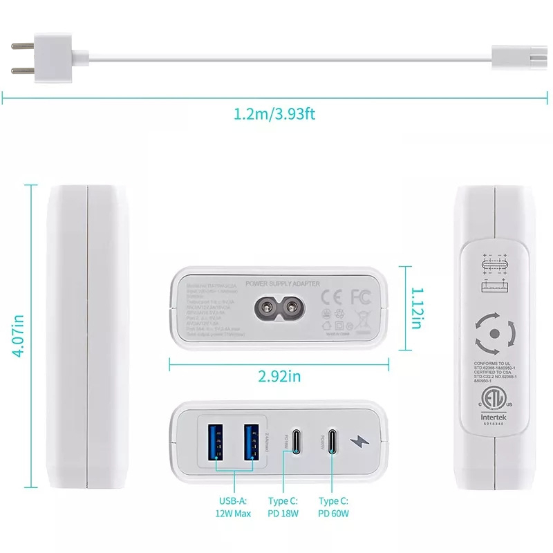 GaN 2xUSB-C+2xUSB-A väggladdare, PD, QC4.0, 75W, vit