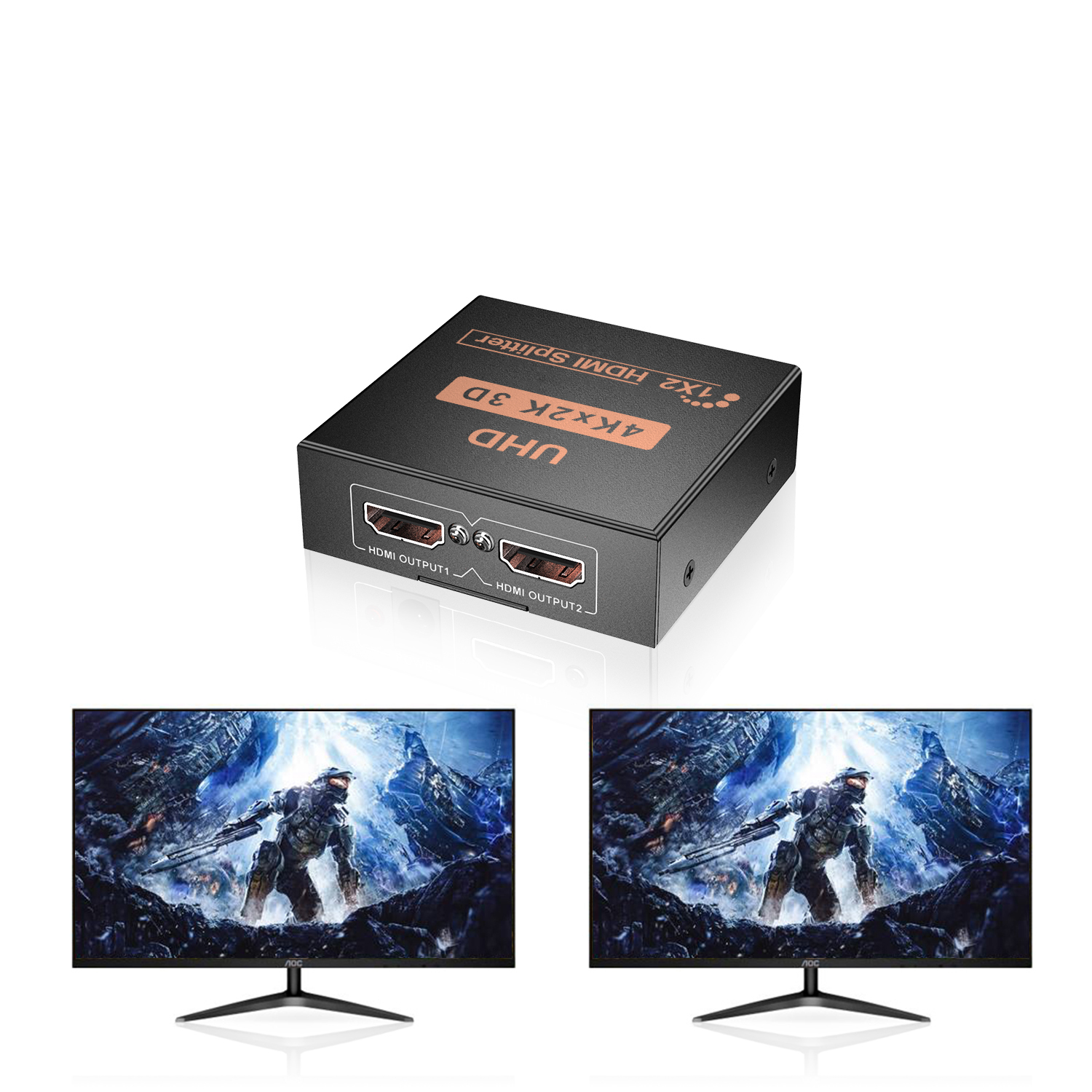 HDMI 1x2 Splitter, 4K, 3D, svart