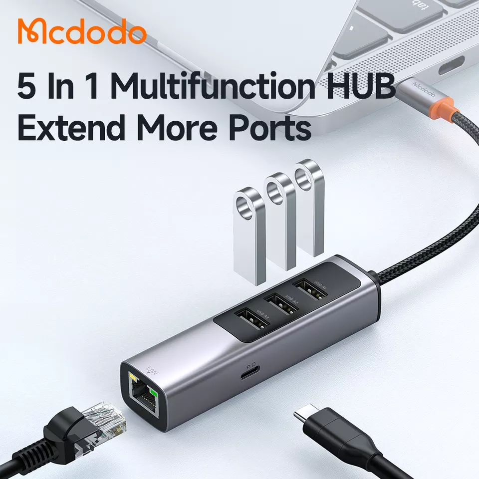 McDodo HU-111 USB-C hubb 3xUSB3.0+USB-C+RJ45, PD,100W