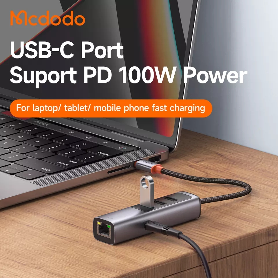 McDodo HU-111 USB-C hubb 3xUSB3.0+USB-C+RJ45, PD,100W