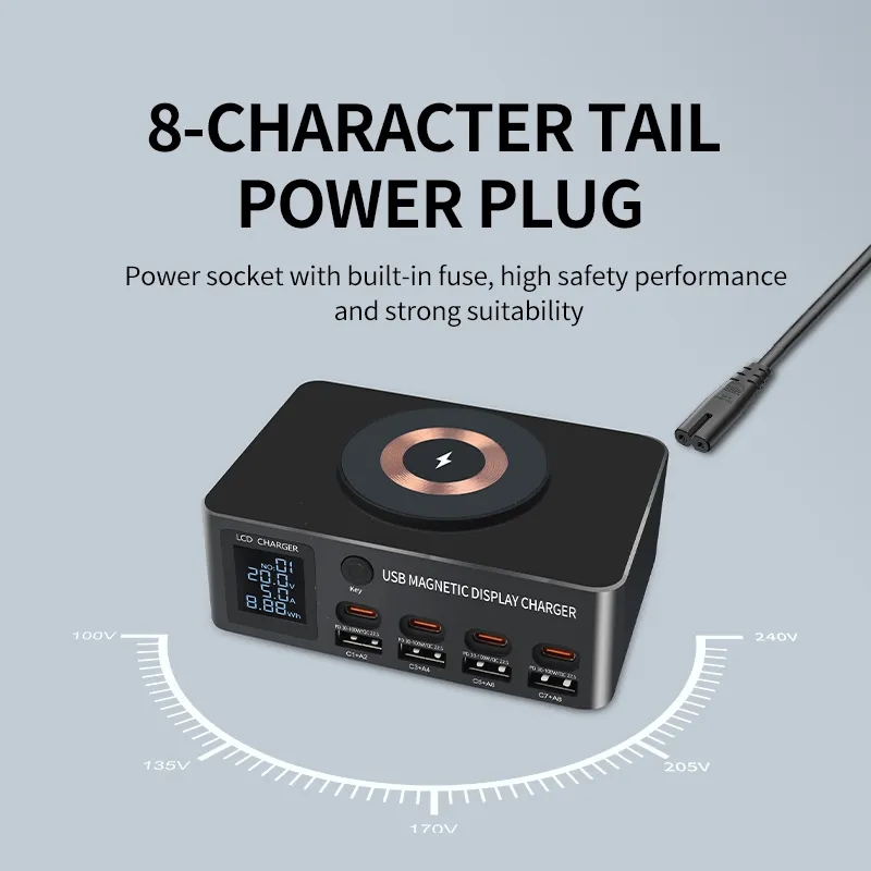 USB+USB-C laddningstation med trådlös laddare, PD+QC3,0, 140W