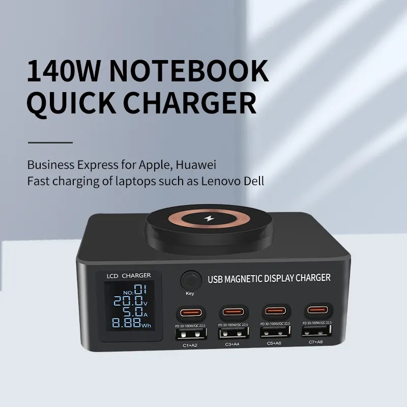 USB+USB-C laddningstation med trådlös laddare, PD+QC3,0, 140W