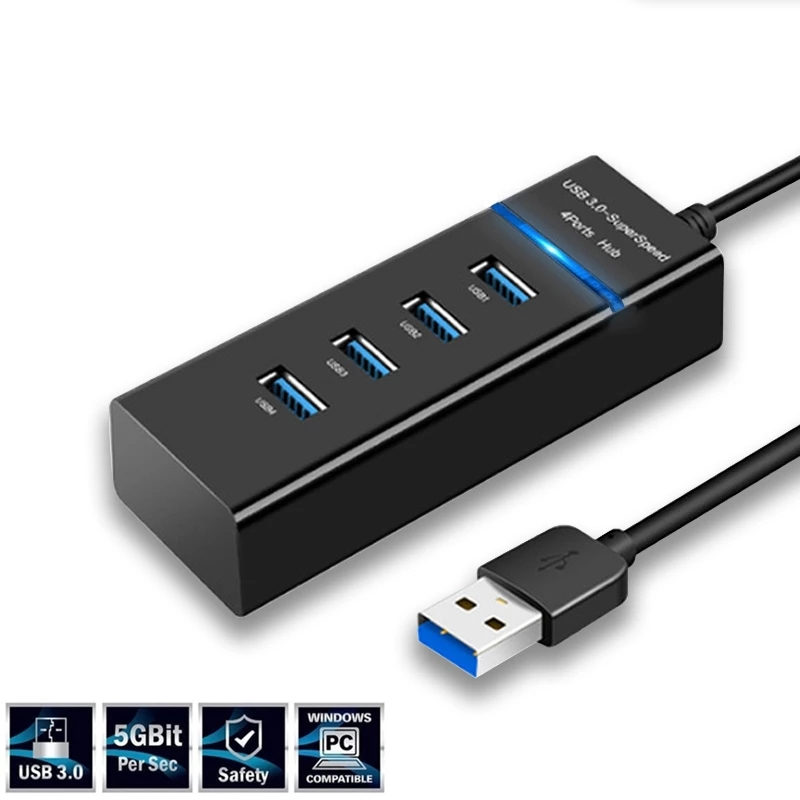 High Speed USB 3.0-hubb med 4 uttag, 5Gbps, svart