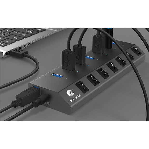 ICY BOX USB-C 3.0-hubb, 7 portar, USB-A3.0, BC 1.2-stöd, grå