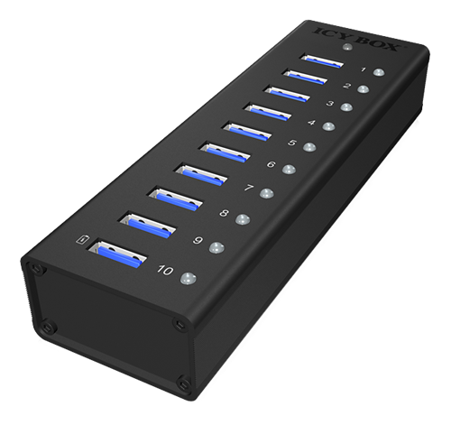 ICY BOX USB 3.0 Hub med 10 portar, svart