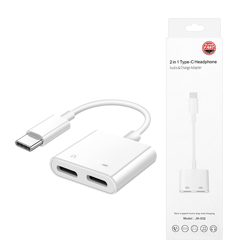 USB-C till 2xUSB-C hörlursadapter, snabbladdning, 3A