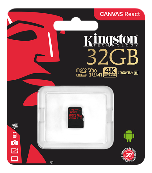 Kingston microSDHC Canvas React 100R/70W UHS-I, 32GB