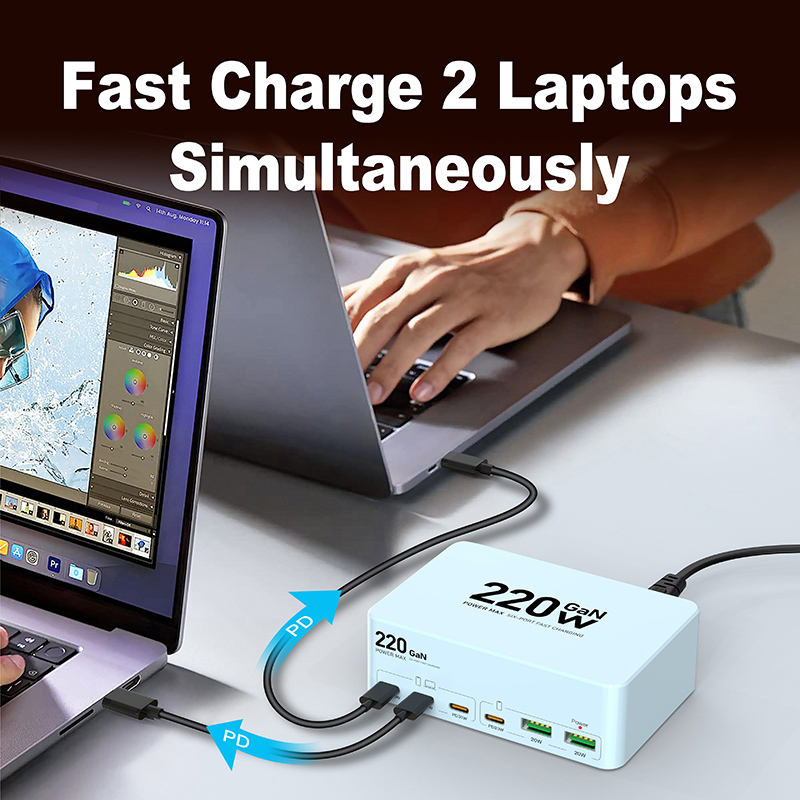 Kraftfull USB+USB-C laddningsstation med 6 uttag, GaN, 220W