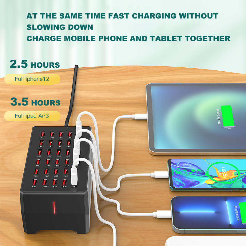 Kraftfull laddningsstation med 30 USB-uttag, 2.4A, 150W
