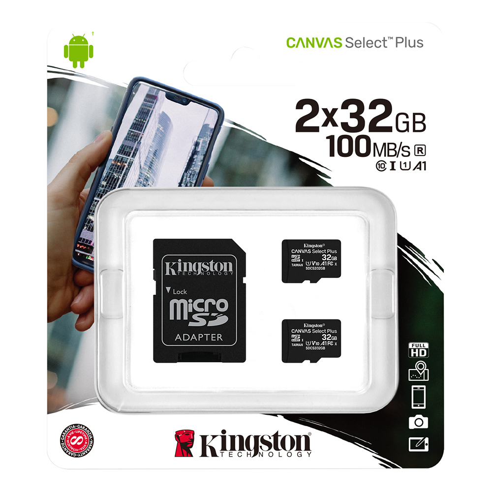 32GB 2-pack Kingston Canvas Select Plus MicroSDHC, 100MB/s