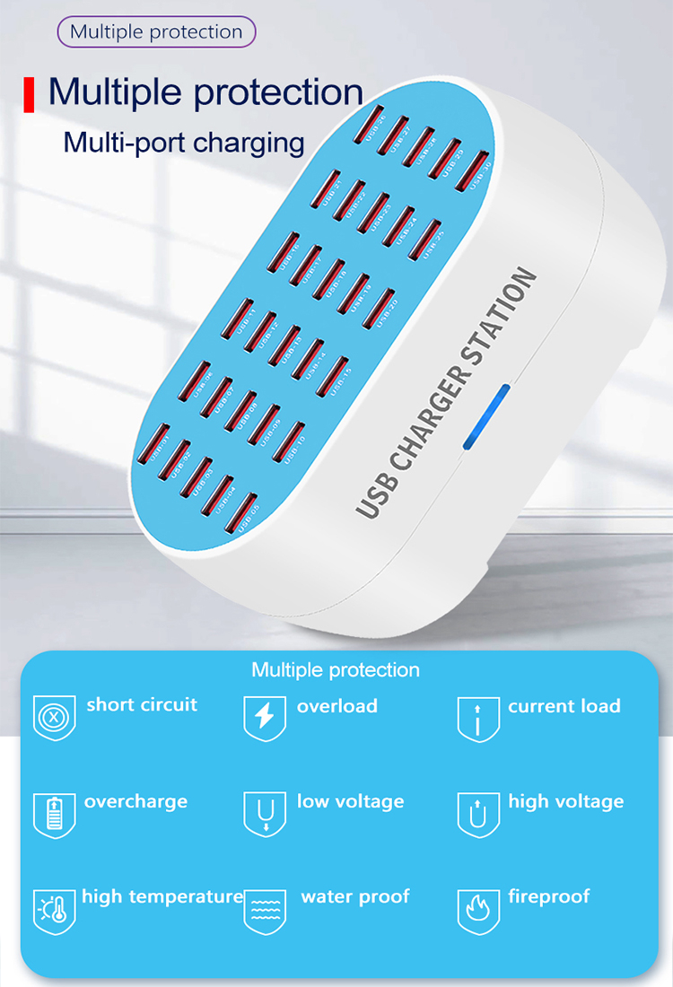Laddningsstation med 24 USB-uttag, QC3.0, 160W