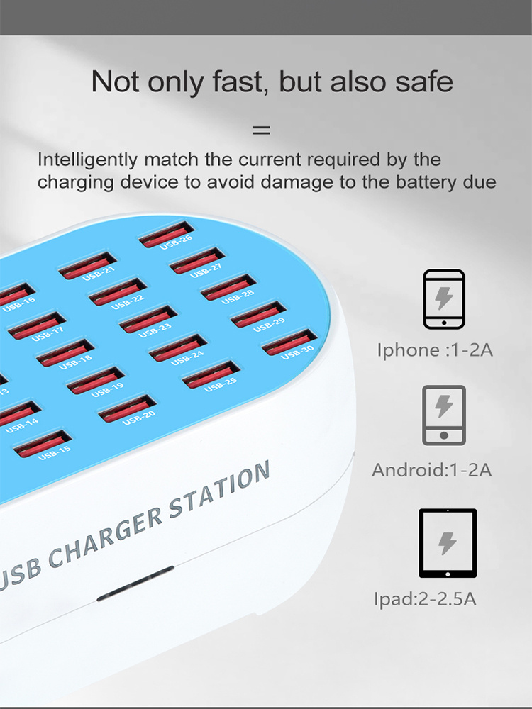 Laddningsstation med 24 USB-uttag, QC3.0, 160W