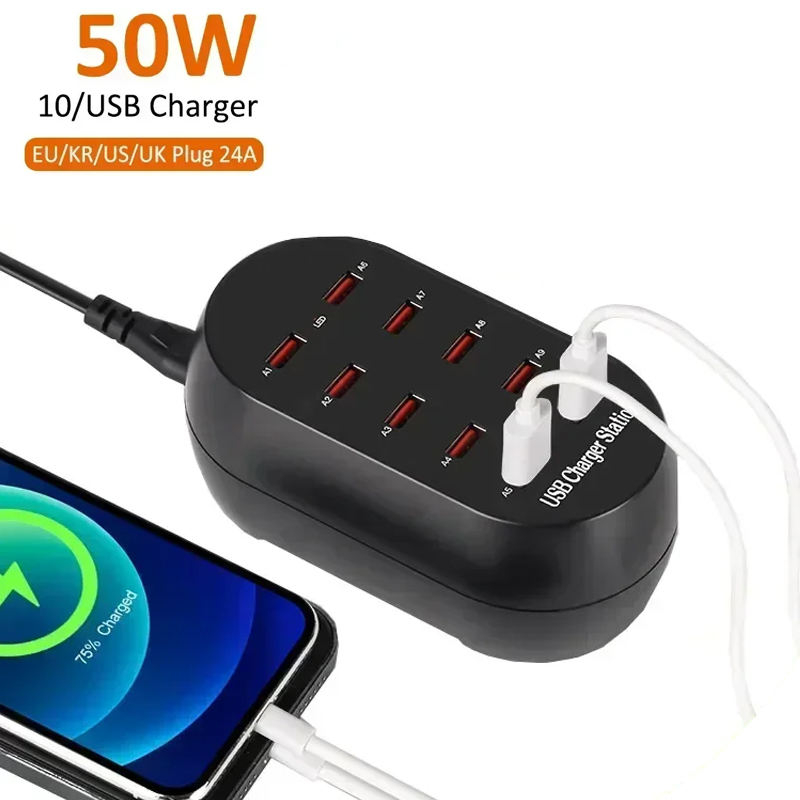 Laddningsstation med 10 USB-uttag, 50W, PD, QC3.0