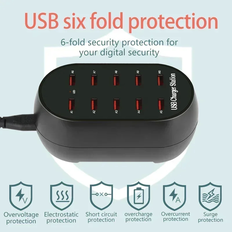 Laddningsstation med 10 USB-uttag, 50W, PD, QC3.0