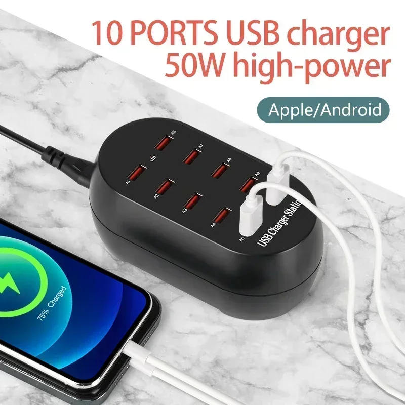 Laddningsstation med 10 USB-uttag, 50W, PD, QC3.0