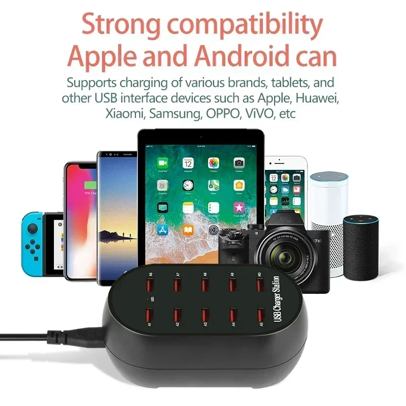 Laddningsstation med 10 USB-uttag, 50W, PD, QC3.0